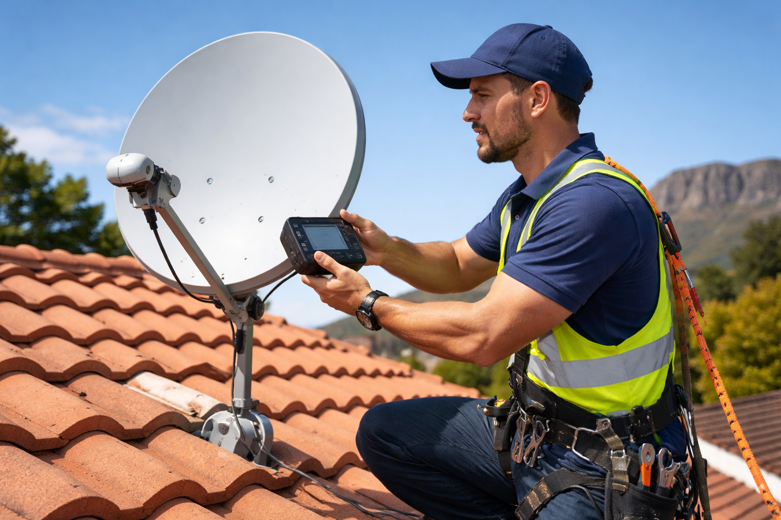Professional technician adjusting satellite dish alignment to fix DStv signal problems
