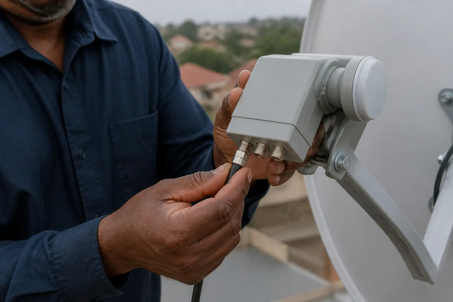 Technician connecting a coaxial cable to one port of a Smart LNB on a satellite dish