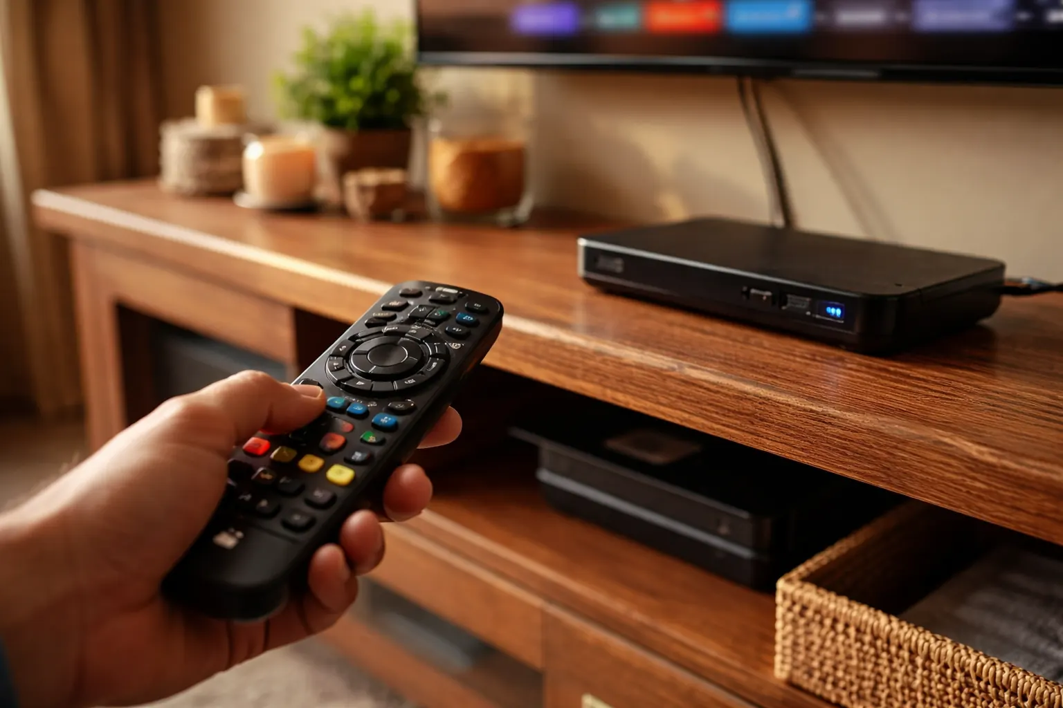 Hand holding a DStv RCU remote pointed at a decoder under the TV in a South African lounge