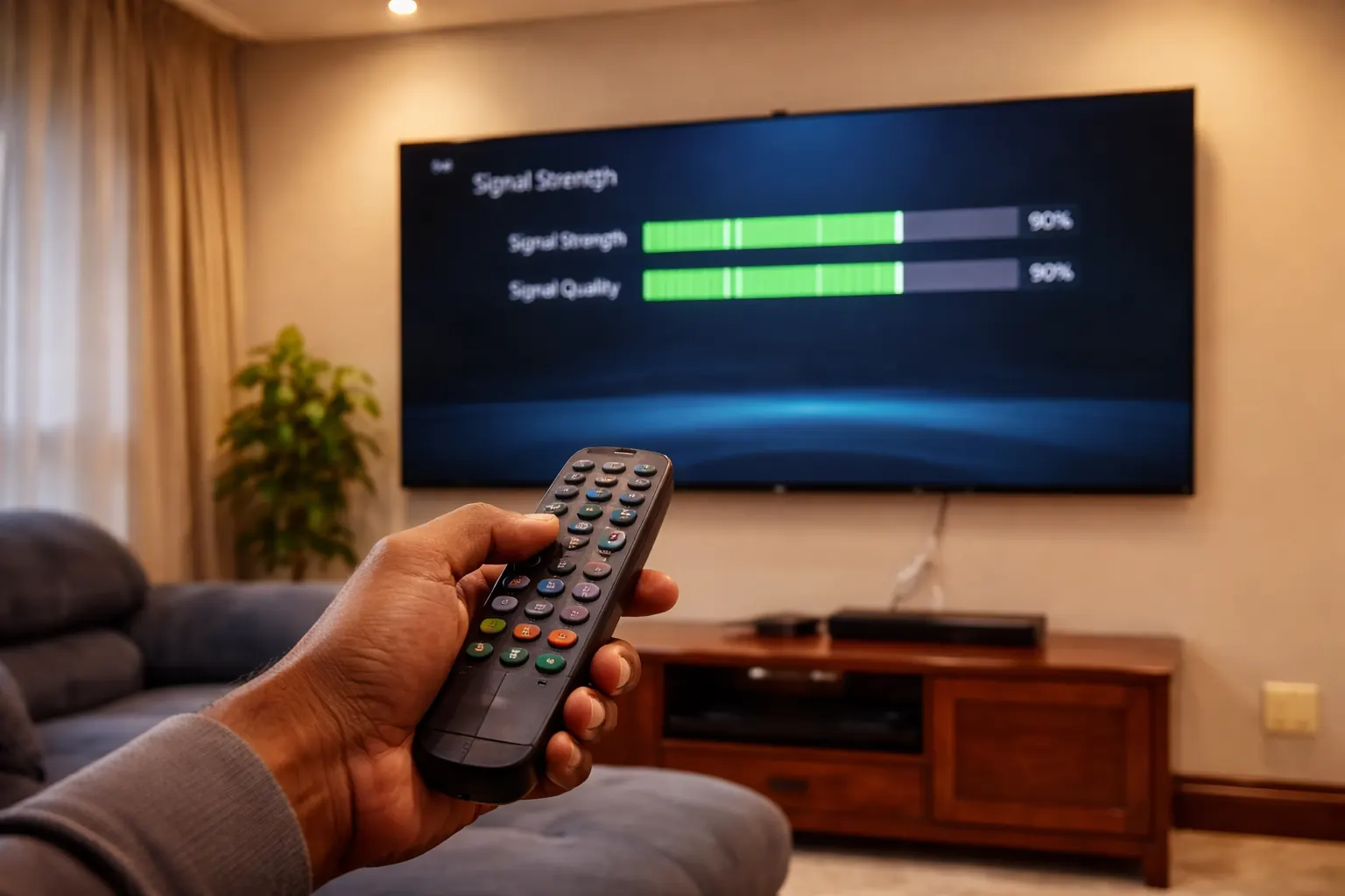 Hand holding a DStv remote pointed at a TV showing the signal strength menu in a South African living room