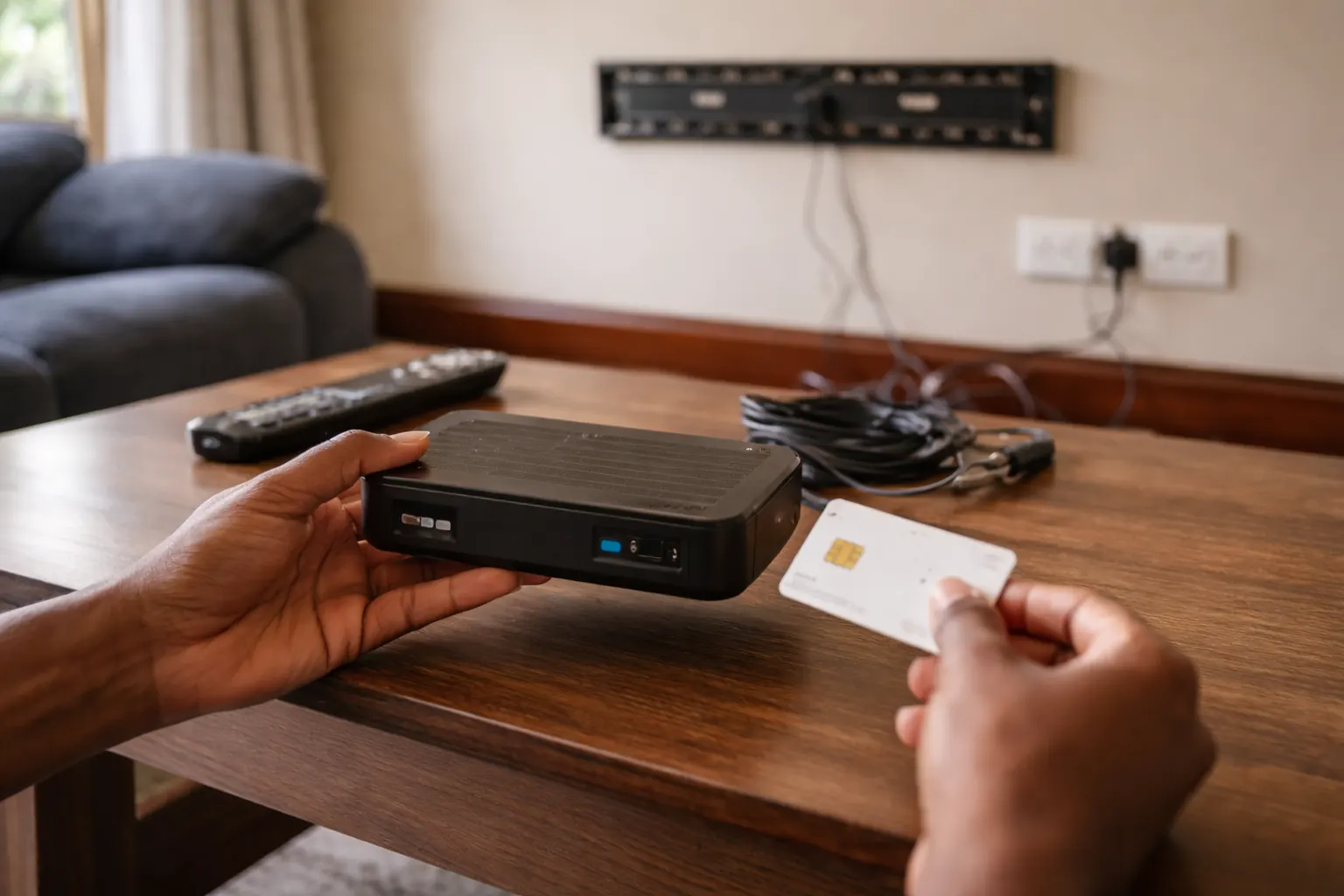 Decoder and smartcard ready on a table before a booked DStv installation